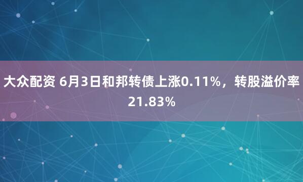 大众配资 6月3日和邦转债上涨0.11%，转股溢价率21.83%